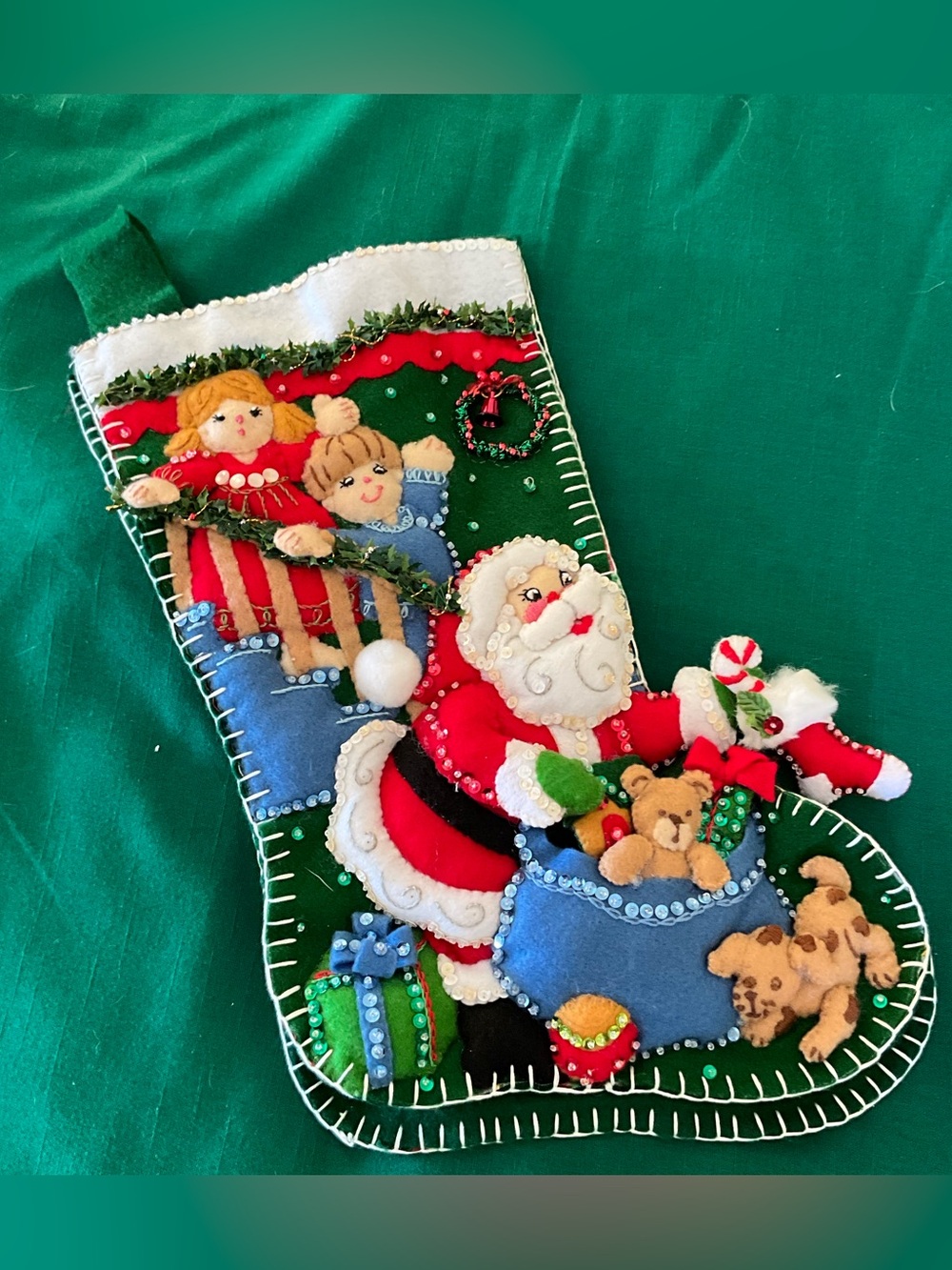 Bucilla Green Felt Embroidered Santa Christmas Stocking